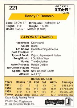 1992 Jockey Star #221 Randy Romero Back
